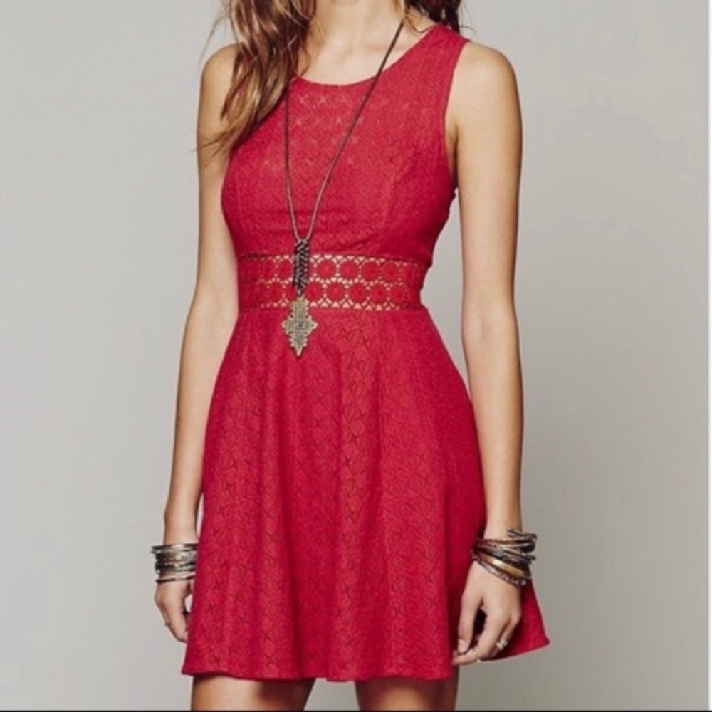 FREE PEOPLE Daisy Crochet Lace Mini Dress Red XS
